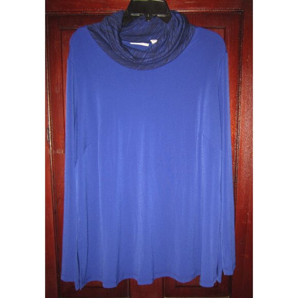 Susan Graver Plus 1X Turtleneck Stretch Top Shirt Blouse Cowl Blue Contrast Poly - Picture 1 of 3
